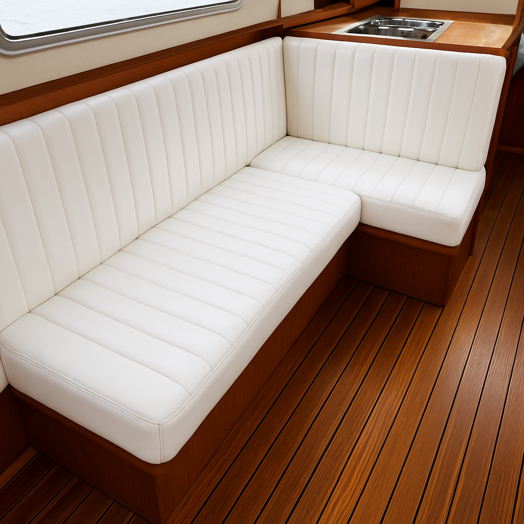Boat cushions crisp white with panel stitching blue panels marine upholstery Blue Note Upholstery